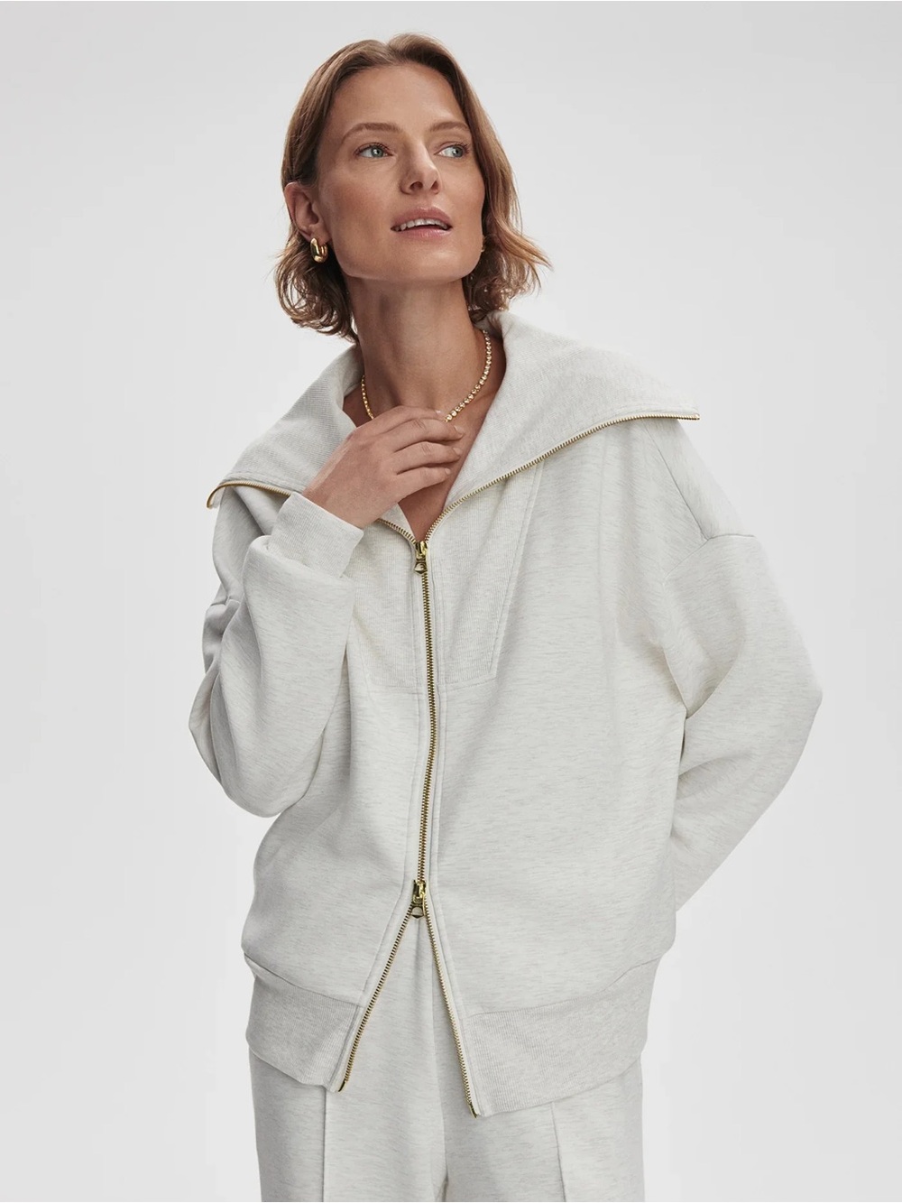 Varley Off-White Hailey Zip-Front Hoodie with Gold Hardware